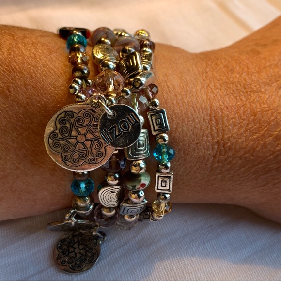 Luzou Coin Bracelet 4 Layers Silvertone - Picture 2 of 11